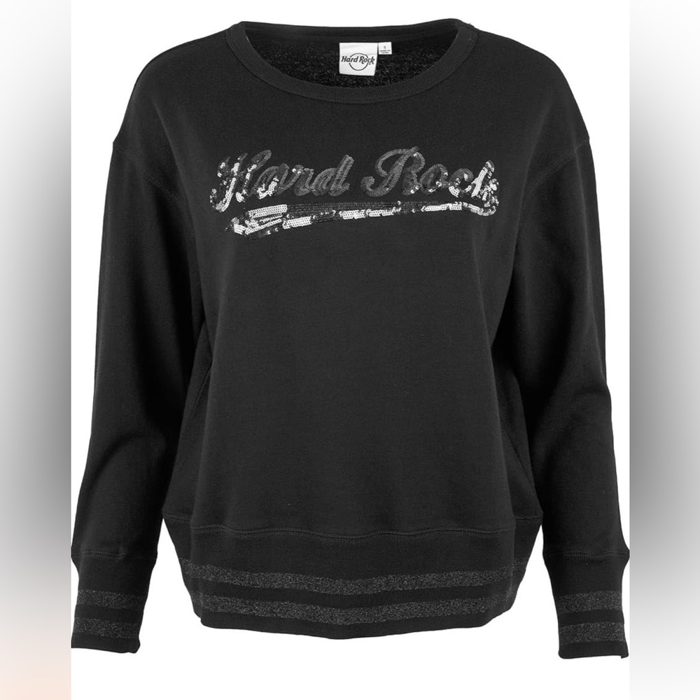 Like New Hard Rock, French Terry Black Sweatshirt, Sequins Logo, Size XS